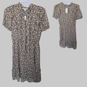 Monteau Los Angeles Brown Floral Short Sleeve Ruffle Tie Neck Mini Dress Women L